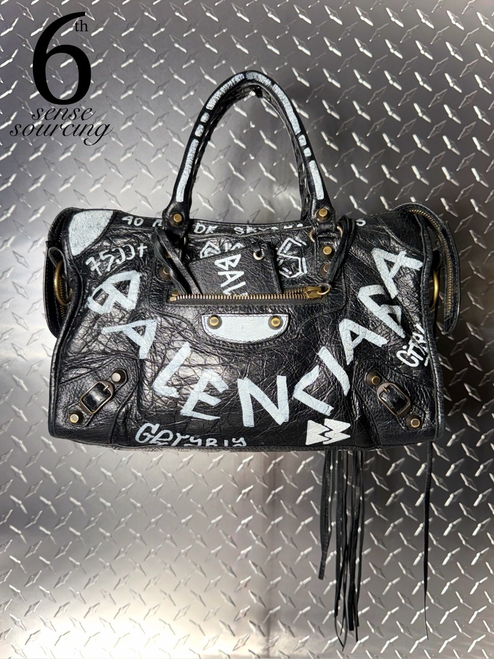 Balenciaga Moto Graffiti Small City Bag in Black/White